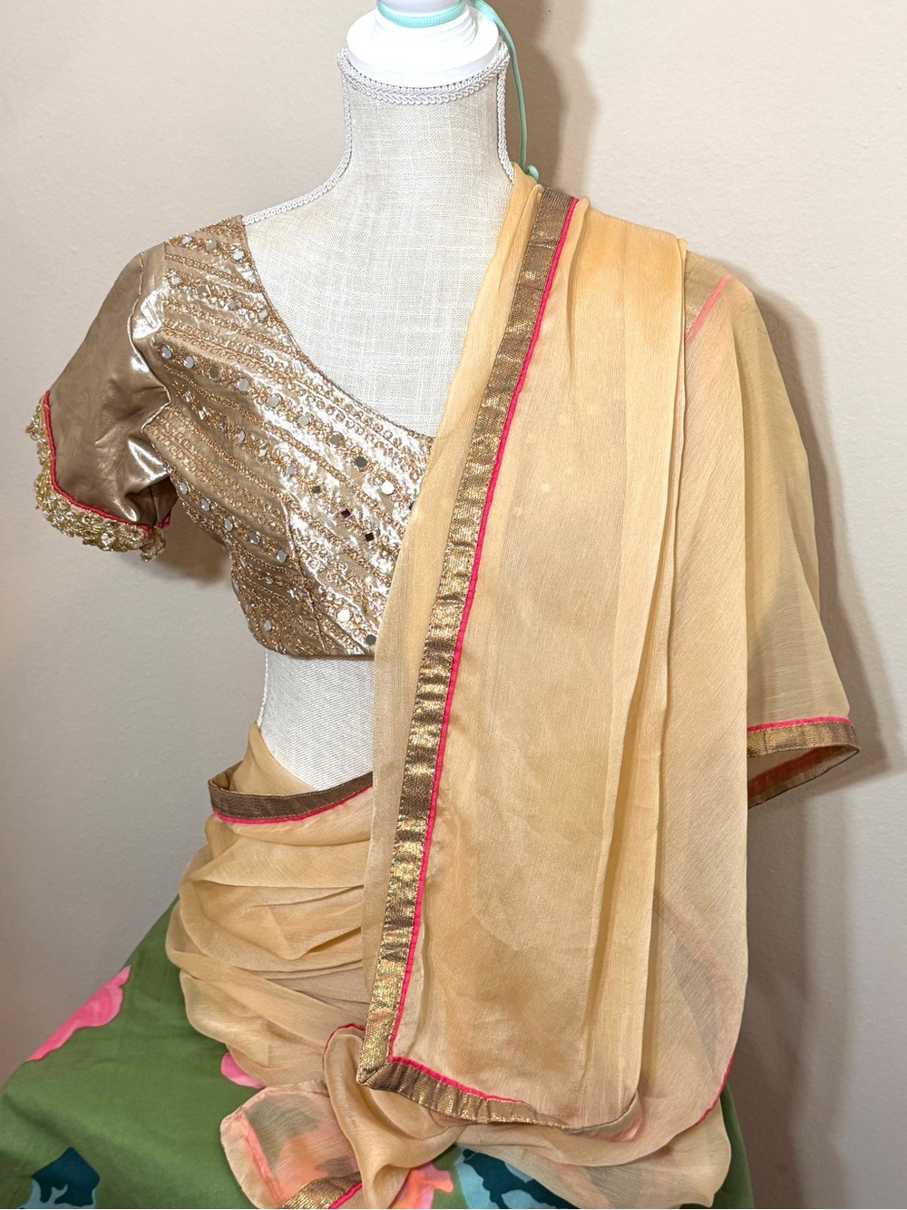 Sari Saree Indian blouse Choli top beaded Bollywood embroidered and silk dupatta
